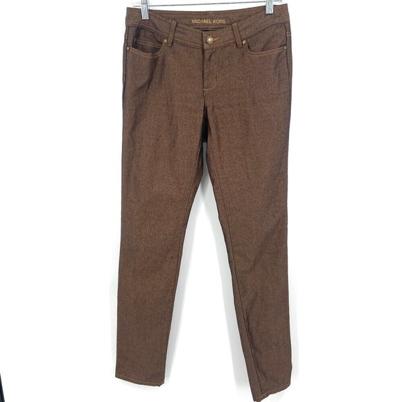 MICHAEL KORS Bronze Gold Shimmer Metallic Mid Rise Stretch Skinny Pants Size 4 - Picture 1 of 8